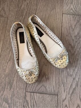 John Richmond Metallic Gold Ballet Flats with Bow and Crystal